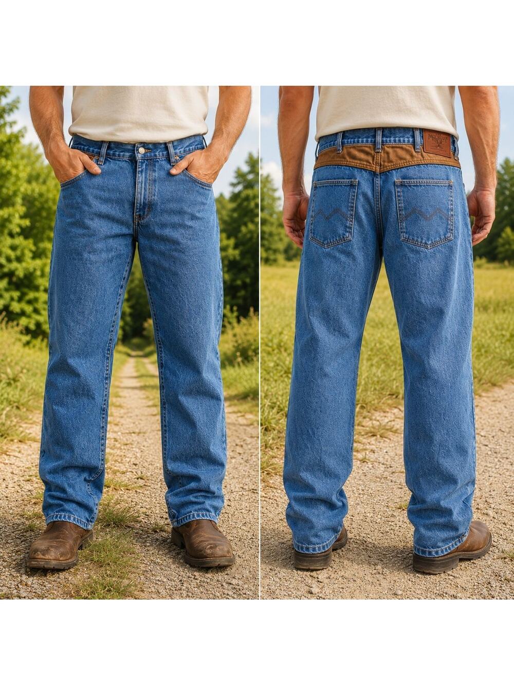 Madison Creek Outfitters Jeans Mens 38x34 Blue Denim Leather Trim Western Cowboy
